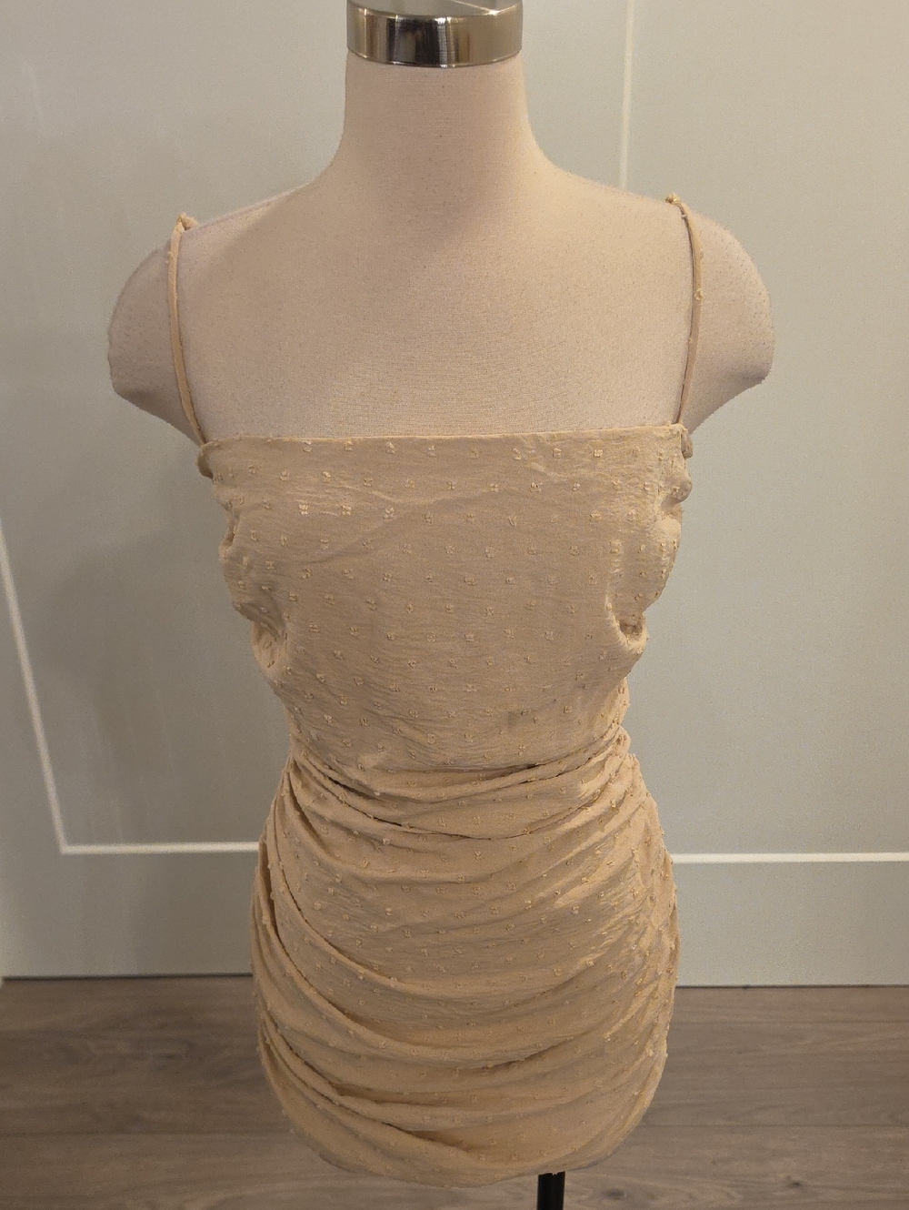 Rumor Ruched Mini Dress in Beige textured fabric. Size L new with tags